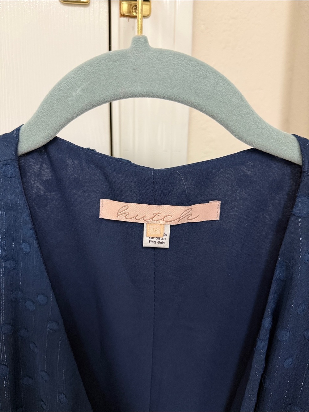 Anthropologie Name brand V-Neck Navy Maxi Dress with Sheer Dot Sleeve - Picture 4 of 8